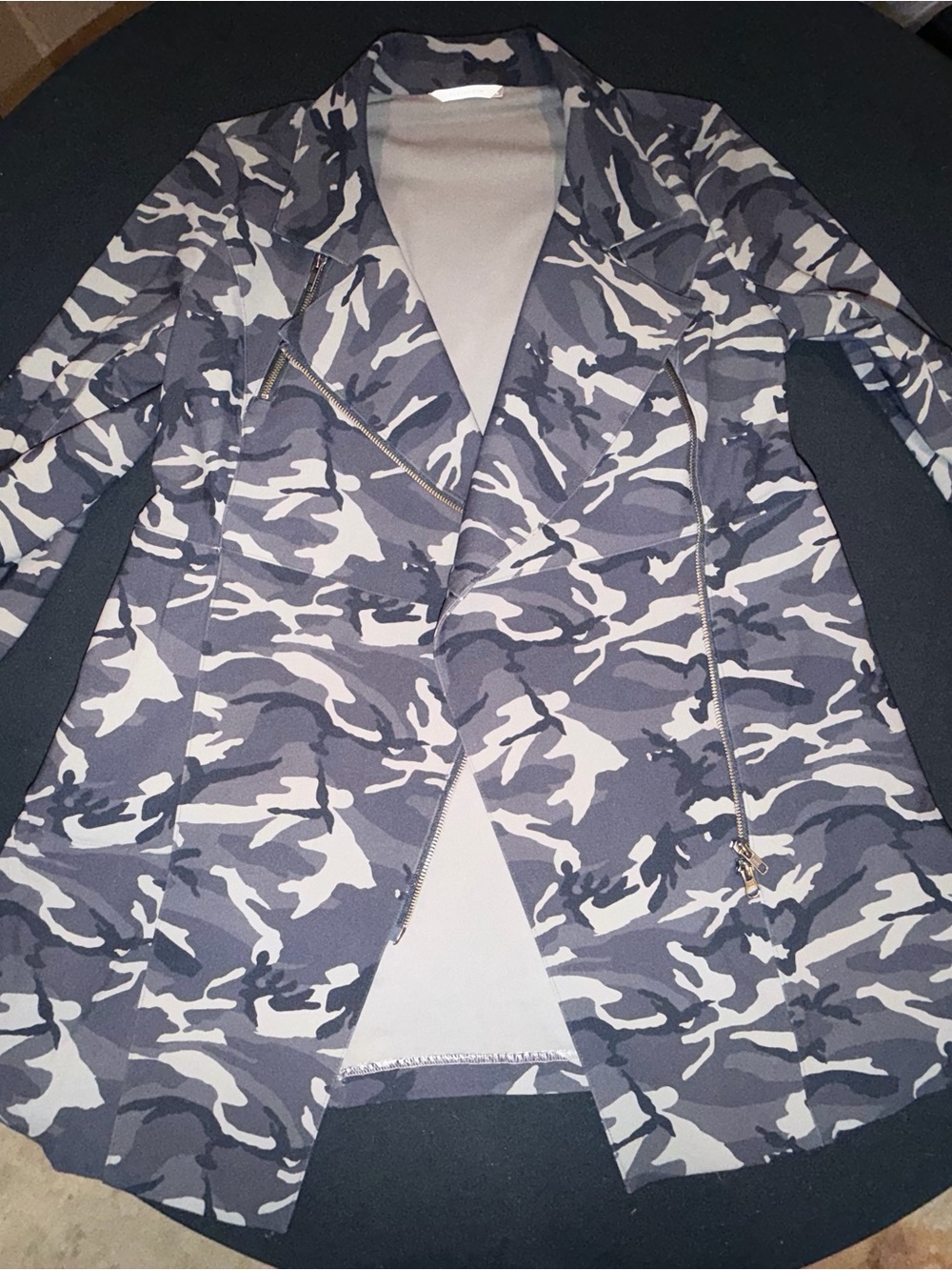 Elaine Kim Camo Moto Jacket Coat L Gray Black Asymmetrical Zip YKK